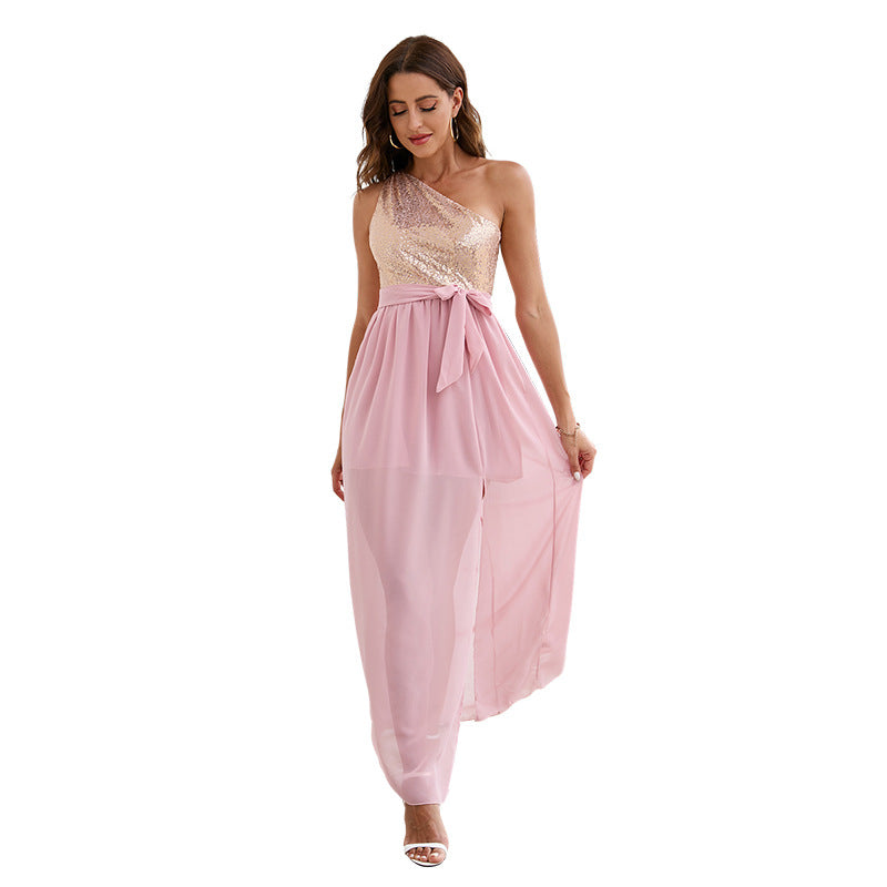 Sequin One-Shoulder Chiffon Maxi Dress - High Waist Split Hem Evening Gown