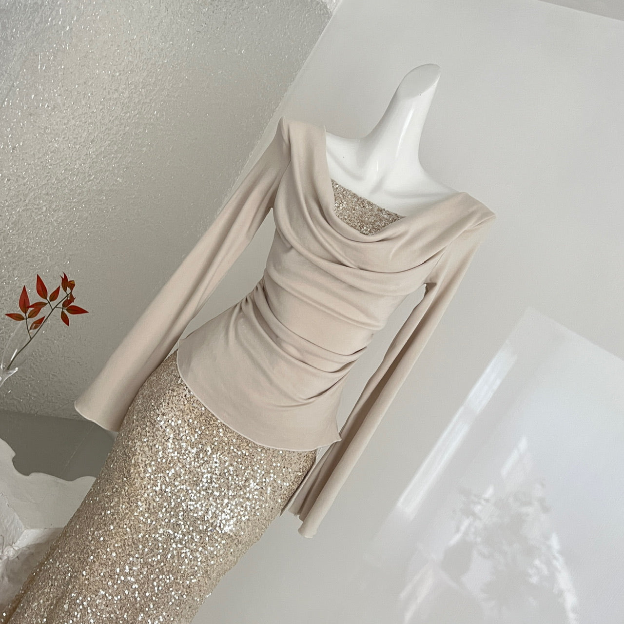 Women's Champagne Gold Sequin Two-Piece Evening Gown Set — Ruched Top & Mermaid Skirt