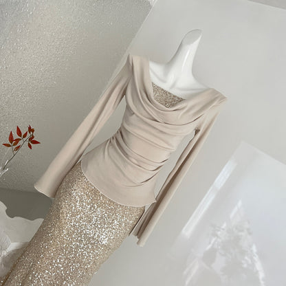 Women's Champagne Gold Sequin Two-Piece Evening Gown Set — Ruched Top & Mermaid Skirt