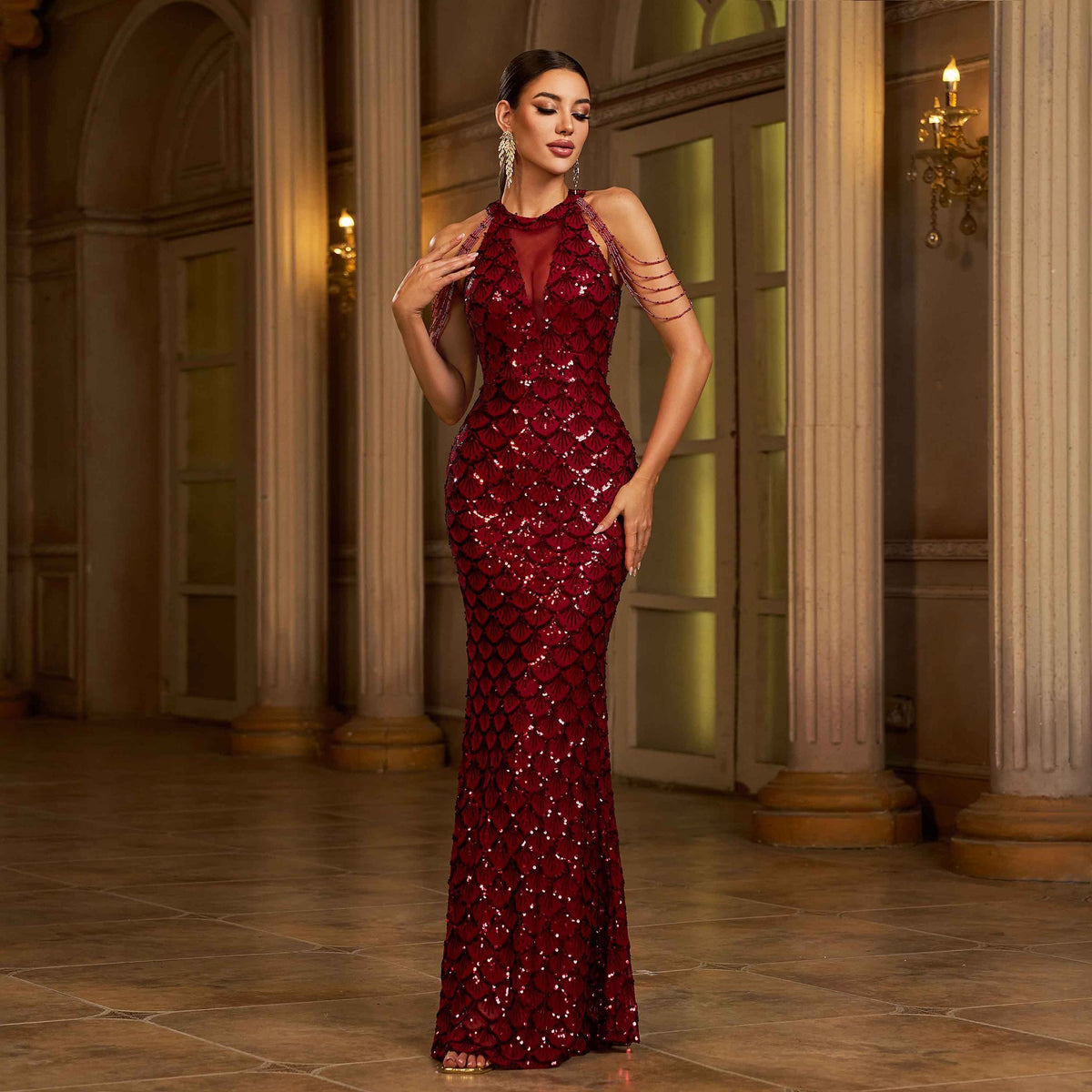 Women's Sequin Fishtail Dress – Sleeveless Round Neck Slim Sheath Banquet Gown