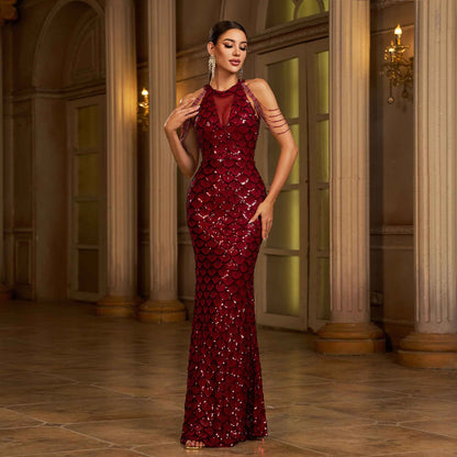 Women's Sequin Fishtail Dress – Sleeveless Round Neck Slim Sheath Banquet Gown