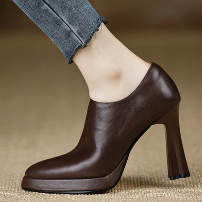 Vintage Chunky Heel Pointed Toe Pumps - Women's High Heel Shoes with Zipper