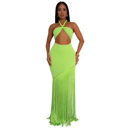 Women's Tassel Trim Sleeveless Maxi Dress – High Waist Pullover Long Skirt