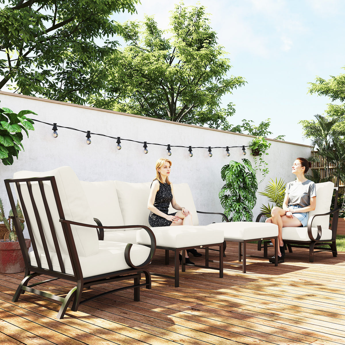 5-Piece Outdoor Patio Furniture Set | 3-Seat Sofa, 2 Rocking Armchairs & 2 Ottomans | Beige