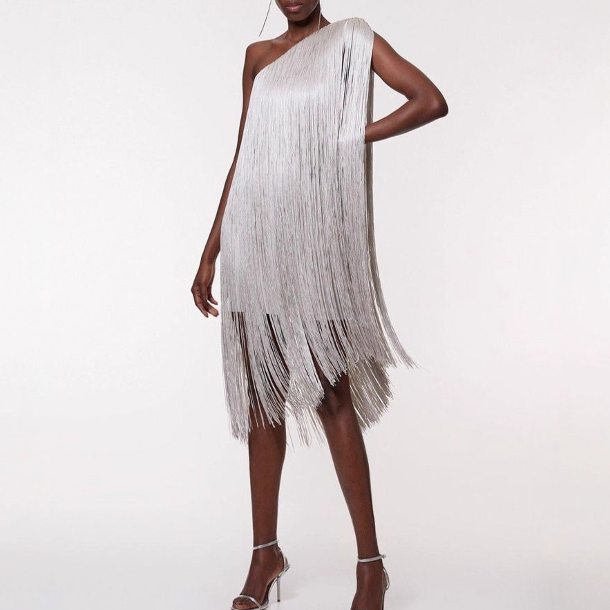 Sleeveless Asymmetric Tassel Midi Dress | Mid-Rise Party Dress