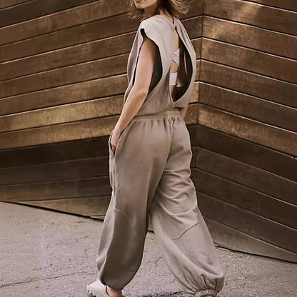 Sleeveless Backless Jumpsuit - Loose Fit with Elastic Waist and Pockets