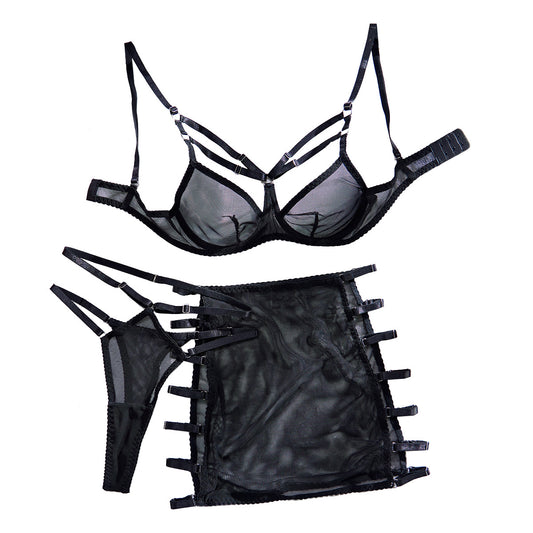 Women's Mesh Lingerie Three-Piece Set - Steel Ring Push-Up Design with Skirt