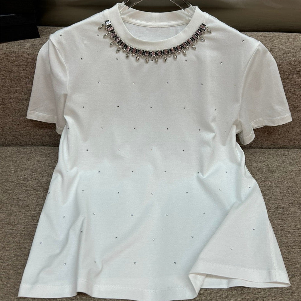 Women's Rhinestone Embellished Cotton T-Shirt - Round Neck Short Sleeve Top