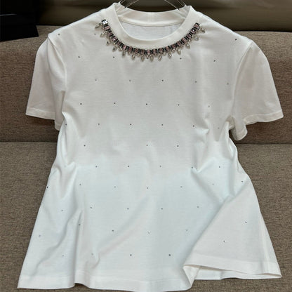 Women's Rhinestone Embellished Cotton T-Shirt - Round Neck Short Sleeve Top