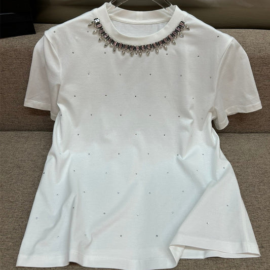 Women's Rhinestone Embellished Cotton T-Shirt - Round Neck Short Sleeve Top