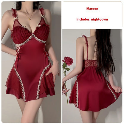 Women's Satin Lace Nightdress - Smooth Polyester Sleepwear with Deep V Neckline