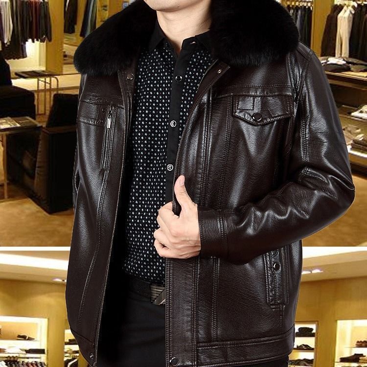 Men's Leather Jacket with Lapel and Fur Collar - Casual Outerwear for Middle-Aged