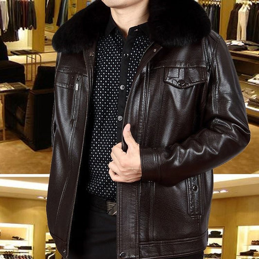 Men's Leather Jacket with Lapel and Fur Collar - Casual Outerwear for Middle-Aged