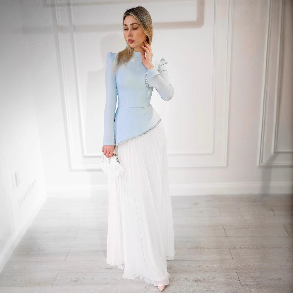 Women's Long Sleeve Sequin Pleated Maxi Dress – Elegant Blue & White Wedding Gown