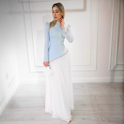 Women's Long Sleeve Sequin Pleated Maxi Dress – Elegant Blue & White Wedding Gown