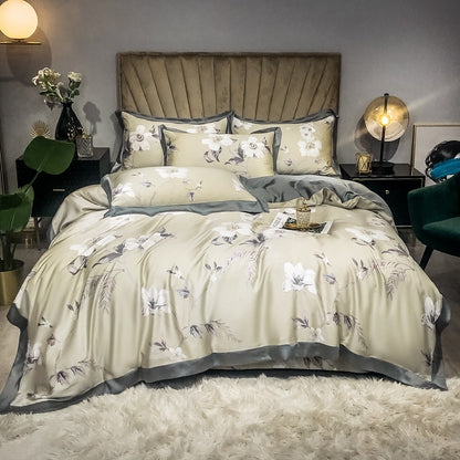 Double-Sided Ice Silk 4-Piece Bedding Set - Tencel Reactive Printed with Quilt Cover, Sheet, and 2 Pillowcases