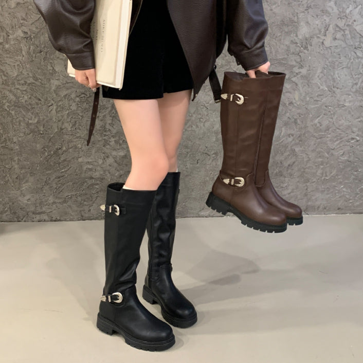 Women's High-Top Ankle Boots with Belt Buckle & Side Zipper