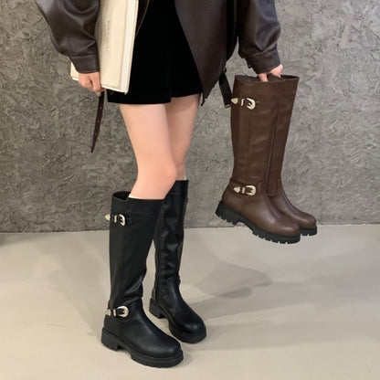 Women's High-Top Ankle Boots with Belt Buckle & Side Zipper