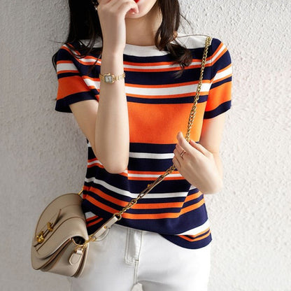 Women's Color-Block Striped Knit Top - Loose Fit Crew Neck Sweater