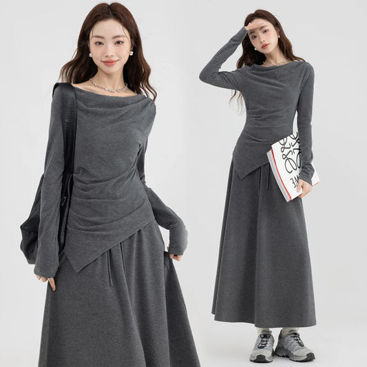 Women's Casual Asymmetrical Top and Off-the-Shoulder Skirt Set - Elegant Commute Style