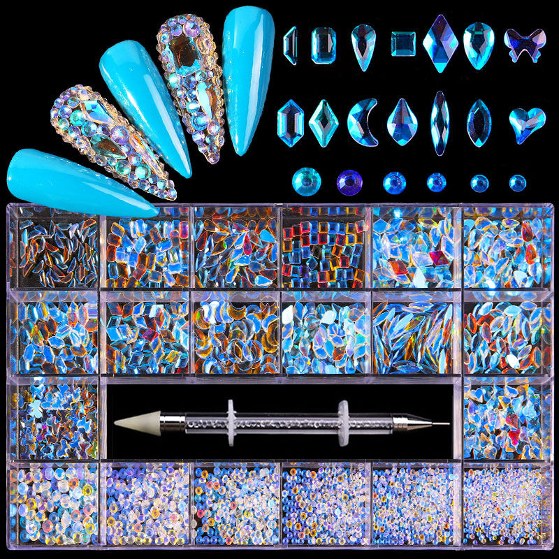 21-Grid Nail Rhinestone Decoration Set - Flat Glass Acrylic Nail Art Jewelry
