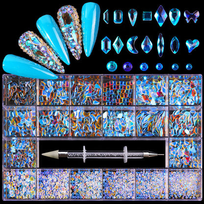 21-Grid Nail Rhinestone Decoration Set - Flat Glass Acrylic Nail Art Jewelry
