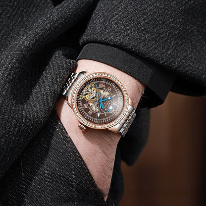 Men's Mechanical Watch - Stainless Steel Strap, Transparent Case Back & Mineral Glass