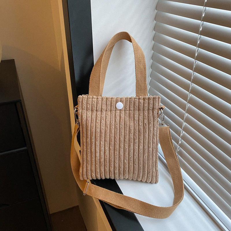 Corduroy Bucket Bag - Solid Color Crossbody Shoulder Bag with 3D Pocket
