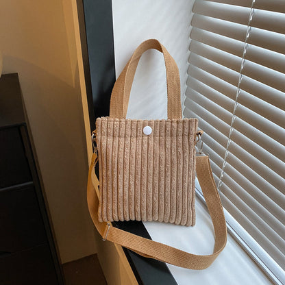 Corduroy Bucket Bag - Solid Color Crossbody Shoulder Bag with 3D Pocket