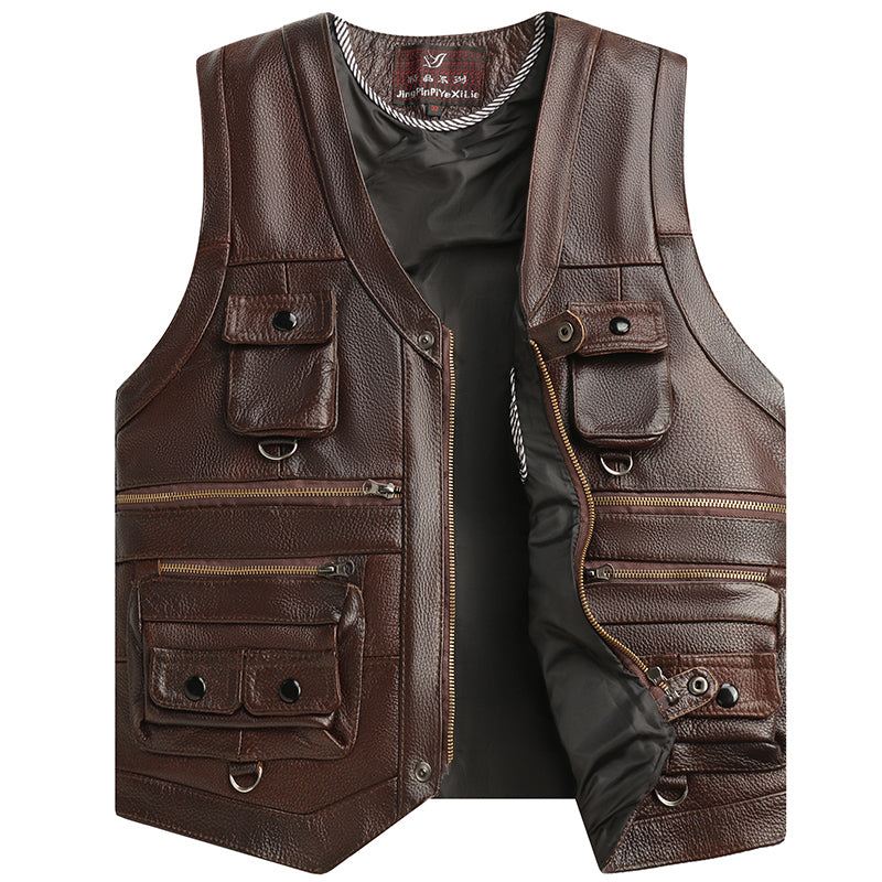 Genuine Leather Vest - Men's First Layer Cowhide Motorcycle Waistcoat