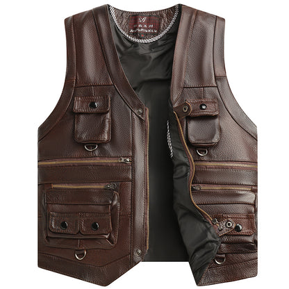 Genuine Leather Vest - Men's First Layer Cowhide Motorcycle Waistcoat