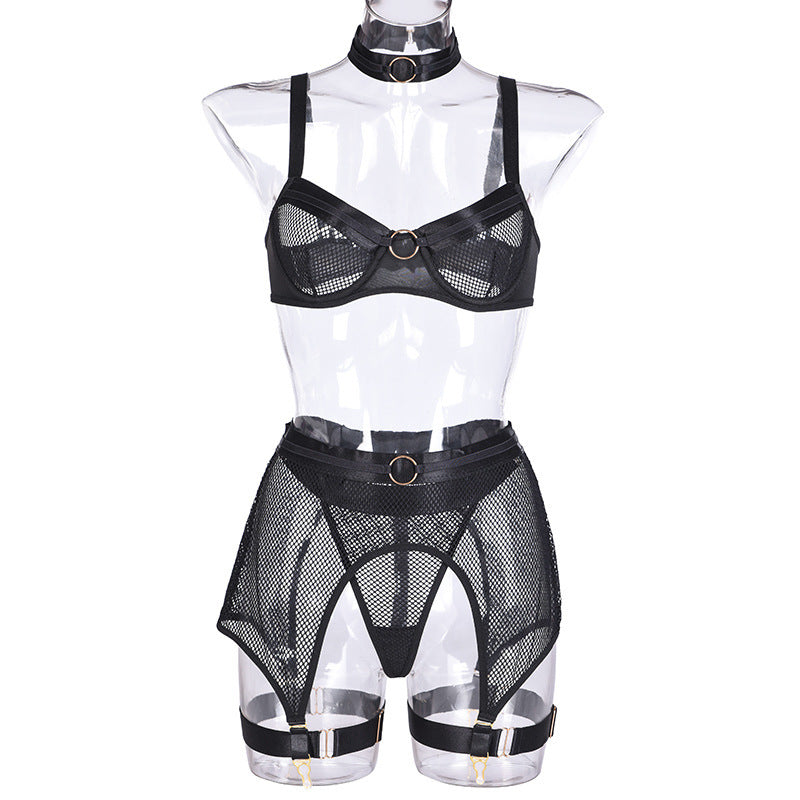 Women's Mesh Lingerie Set with Metal Chain Accents - Four-Piece Collection