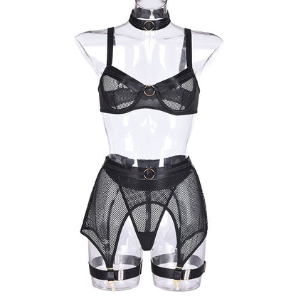 Women's Mesh Lingerie Set with Metal Chain Accents - Four-Piece Collection