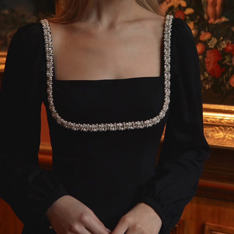 Crystal Embellished Square Neck Bodycon Dress - Long Sleeve Split Hem Evening Dress