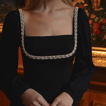 Crystal Embellished Square Neck Bodycon Dress - Long Sleeve Split Hem Evening Dress