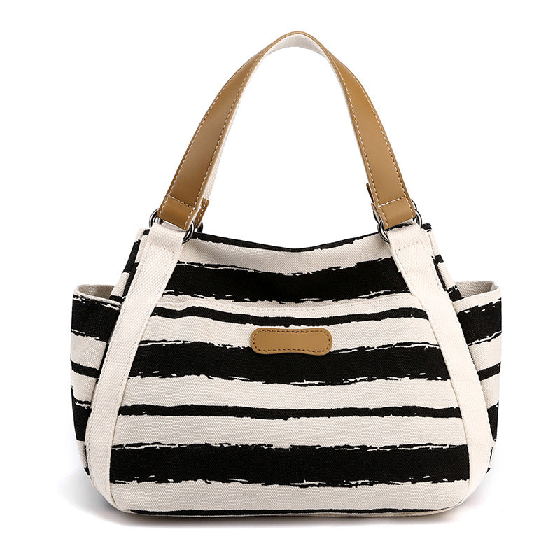 Canvas Striped Shoulder Bag - Large Capacity Handbag