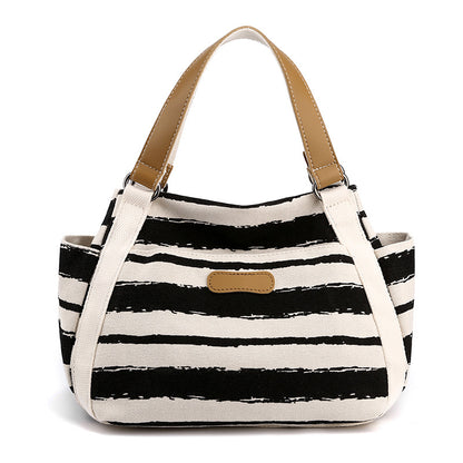 Canvas Striped Shoulder Bag - Large Capacity Handbag