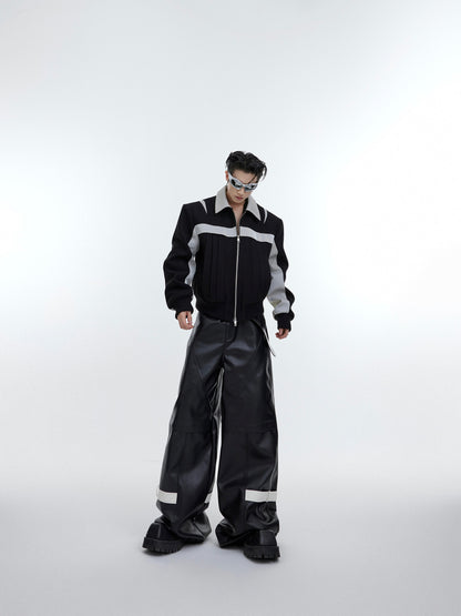 Color Block PU Leather & Wool Composite Jacket - Contemporary Style