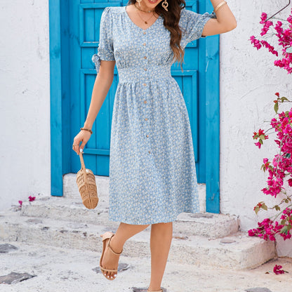 Women's Floral V-Neck Puff-Sleeve Dress - Bow-Trimmed A-Line Midi Dress