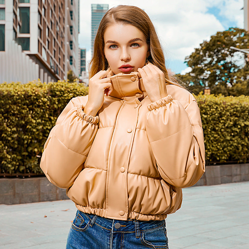 Women's PU Leather Puffer Jacket - Stand Collar Short Coat with Distressed Details