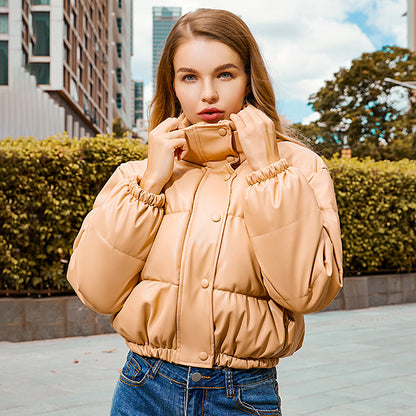 Women's PU Leather Puffer Jacket - Stand Collar Short Coat with Distressed Details