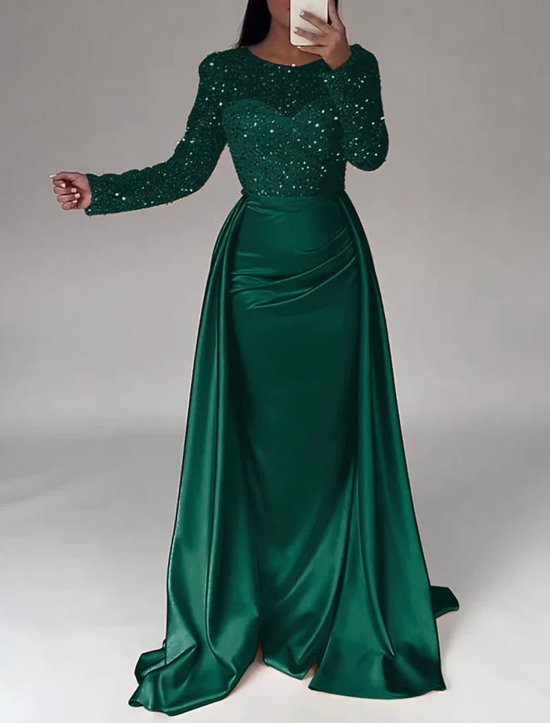 Sequin Long Sleeve Flared Hem Maxi Evening Gown | Elegant Formal Dress