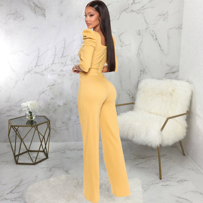 Long Sleeve V-Neck Wide Leg Jumpsuit - Women's Elegant One Piece