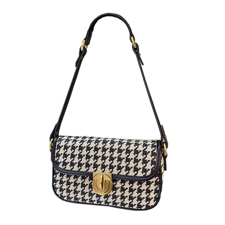 Houndstooth Canvas Baguette Bag - Underarm Shoulder Bag with Adjustable Strap