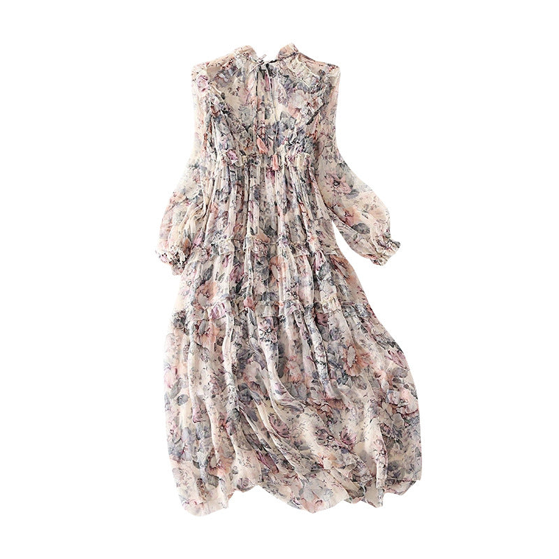 Women's Printed Silk Dress - French Retro Long Sleeve Midi Dress