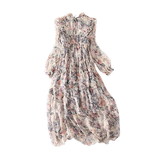 Women's Printed Silk Dress - French Retro Long Sleeve Midi Dress