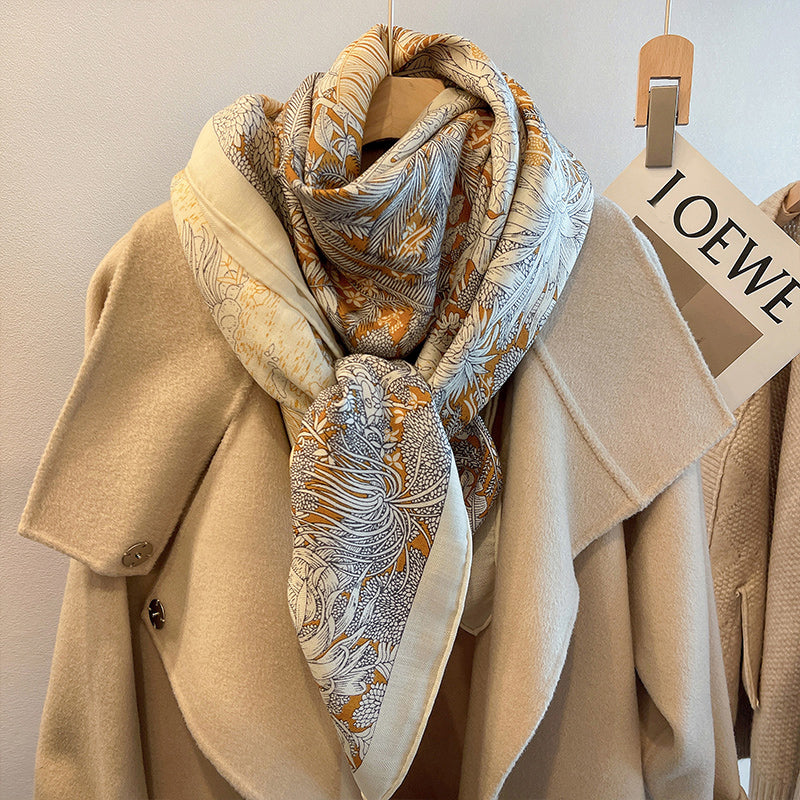 Luxe Herringbone Silk & Wool Scarf - Beige Premium Blend