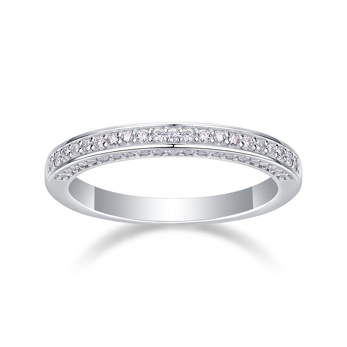 Delicate Moissanite Sterling Silver Ring - Platinum Plated Wedding Band