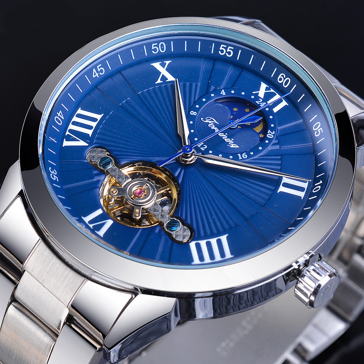Men's Automatic Mechanical Watch - Moon Phase, 30M Water Resistant, 43mm Stainless Steel