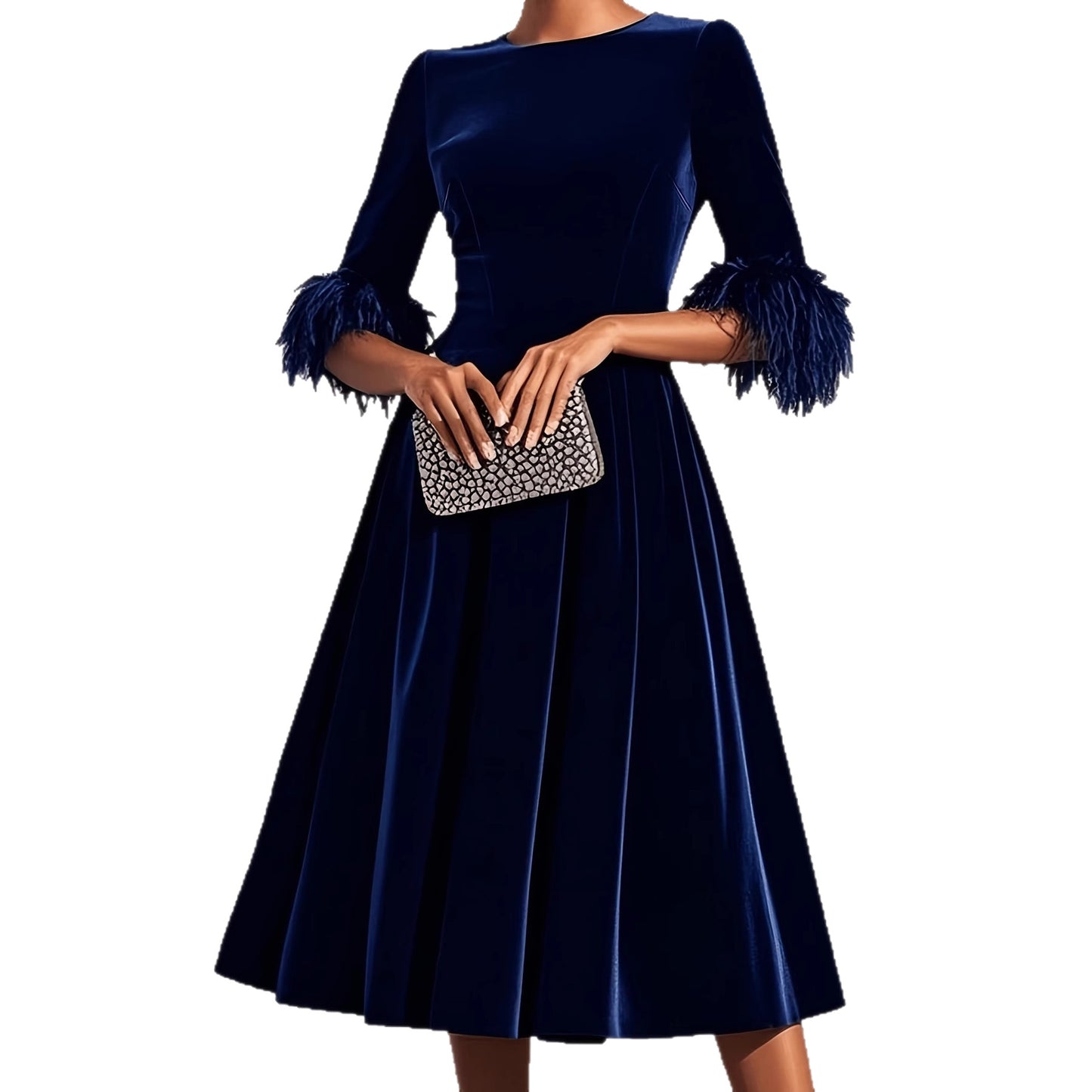 Women's Elegant Round-Neck Velvet Dress - Mid-Length Three-Quarter Sleeve